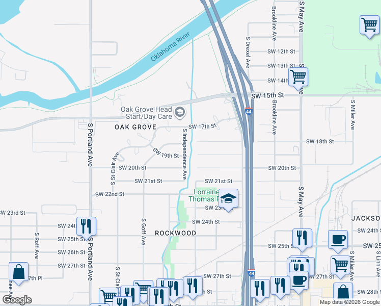 map of restaurants, bars, coffee shops, grocery stores, and more near 2012 South Independence Avenue in Oklahoma City