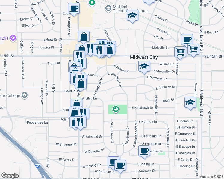 map of restaurants, bars, coffee shops, grocery stores, and more near 116 West Lilac Court in Midwest City
