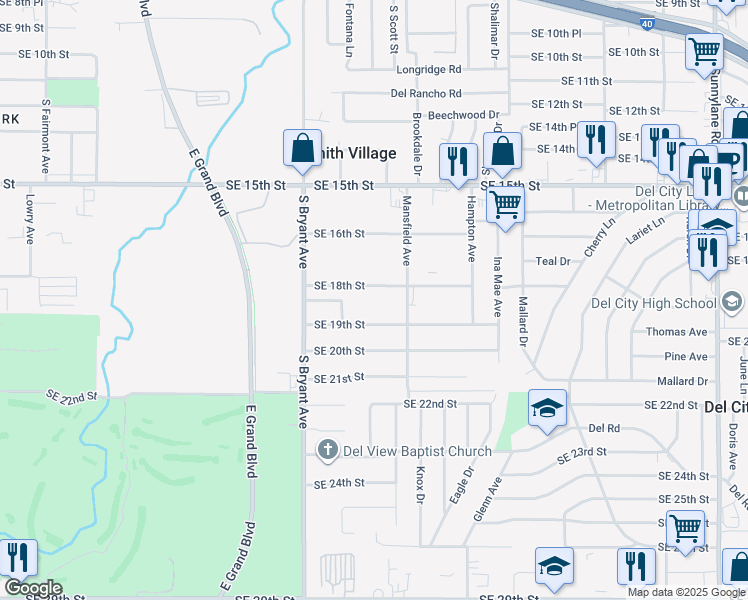 map of restaurants, bars, coffee shops, grocery stores, and more near 3105 Southeast 19th Street in Del City
