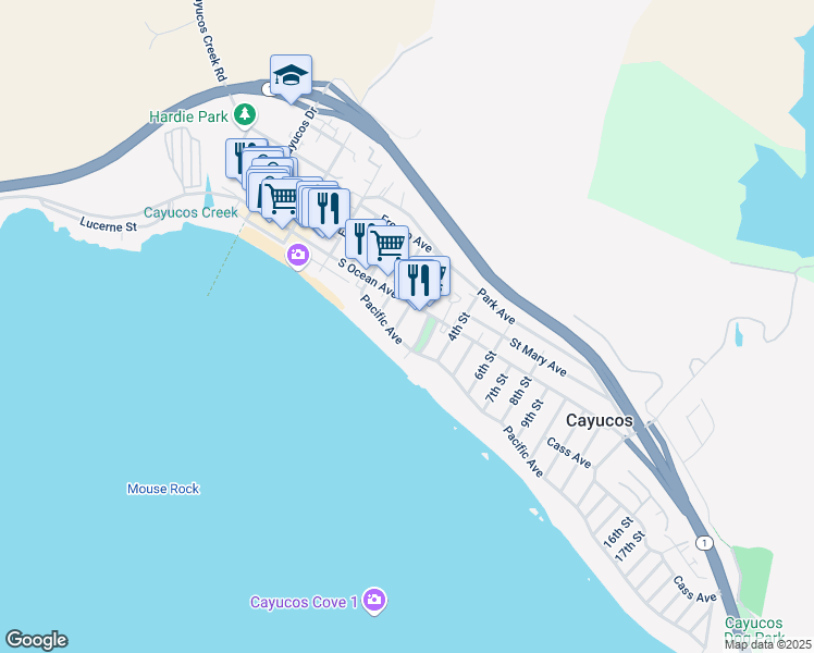 map of restaurants, bars, coffee shops, grocery stores, and more near 284 Pacific Avenue in Cayucos