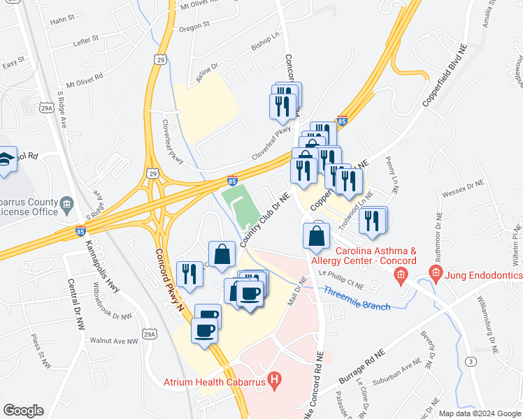 map of restaurants, bars, coffee shops, grocery stores, and more near in Concord