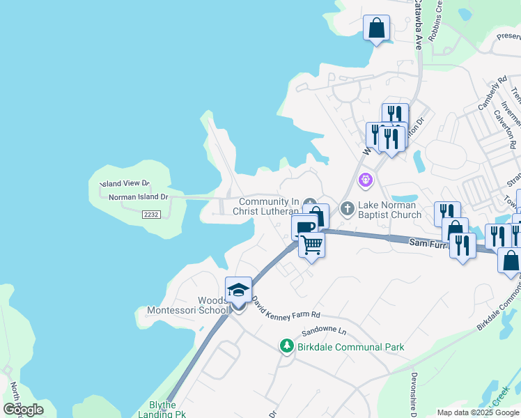 map of restaurants, bars, coffee shops, grocery stores, and more near 7600 Woods Lane in Cornelius