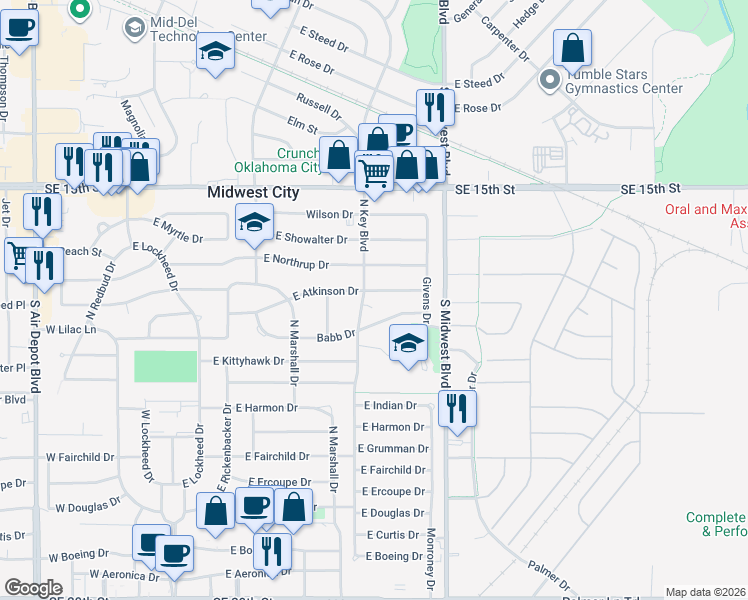 map of restaurants, bars, coffee shops, grocery stores, and more near 501 East Atkinson Drive in Midwest City