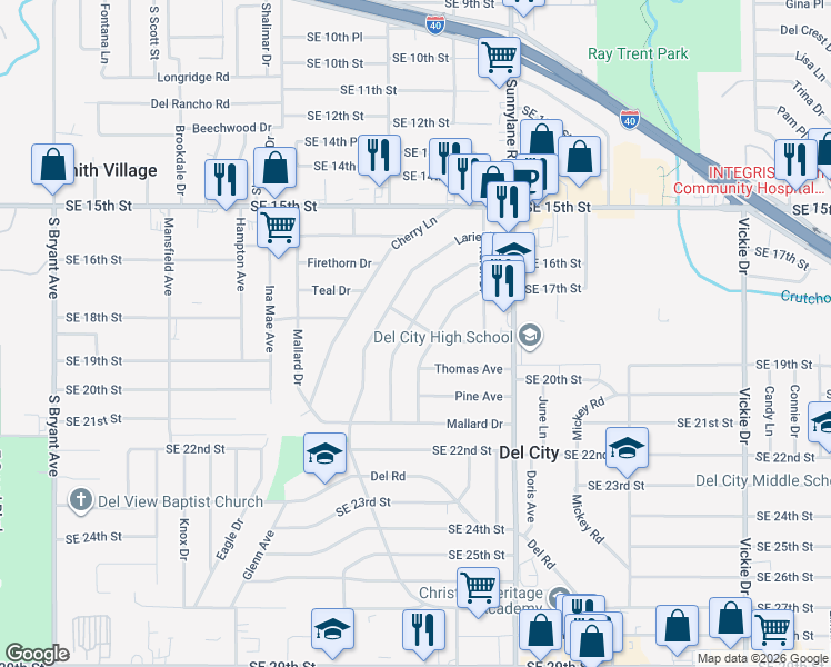 map of restaurants, bars, coffee shops, grocery stores, and more near 1708 Elm Drive in Del City