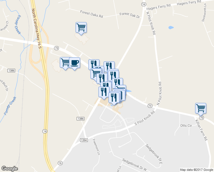 map of restaurants, bars, coffee shops, grocery stores, and more near 116 N Carolina 16 Business in Lowesville