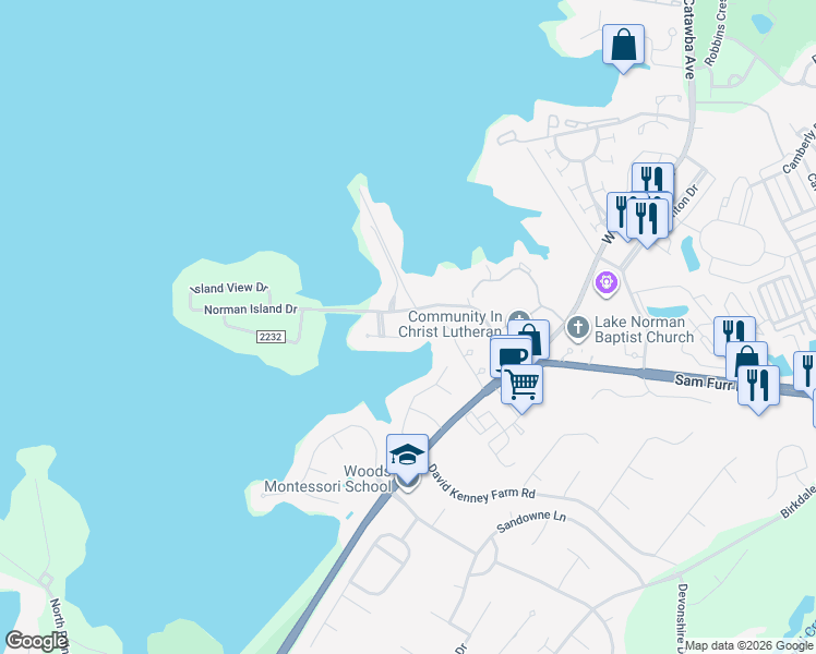 map of restaurants, bars, coffee shops, grocery stores, and more near 7315 Norman Island Drive in Cornelius