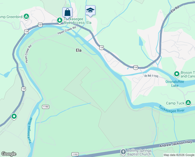 map of restaurants, bars, coffee shops, grocery stores, and more near 880 Ela Lane in Bryson City