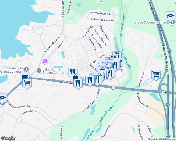 map of restaurants, bars, coffee shops, grocery stores, and more near 16932 Bridgeton Lane in Huntersville