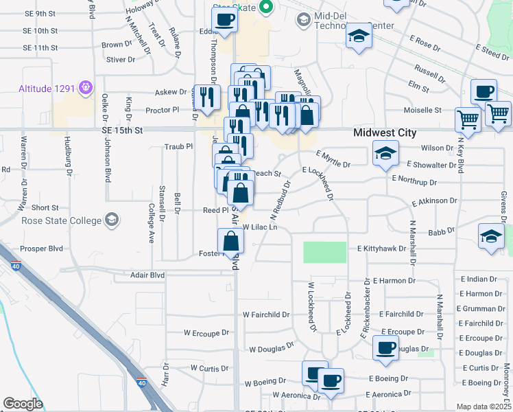 map of restaurants, bars, coffee shops, grocery stores, and more near 309 West Mimosa Drive in Midwest City