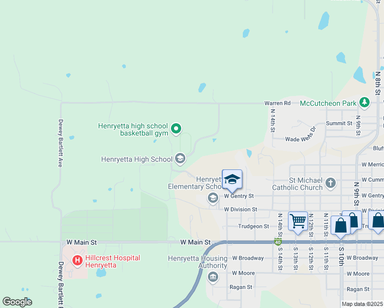 map of restaurants, bars, coffee shops, grocery stores, and more near Troy Aikman Drive in Henryetta
