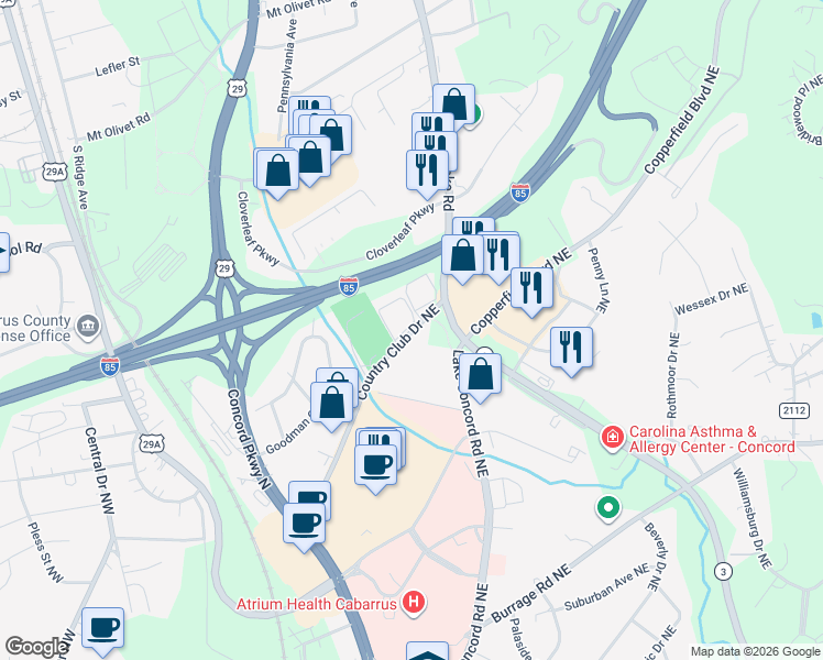 map of restaurants, bars, coffee shops, grocery stores, and more near 249-5 Country Club Drive Northeast in Concord