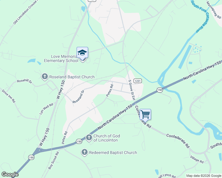 map of restaurants, bars, coffee shops, grocery stores, and more near 1477 Roseland Drive in Lincolnton