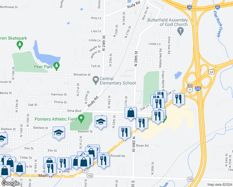 map of restaurants, bars, coffee shops, grocery stores, and more near 900 Teddy Street in Van Buren