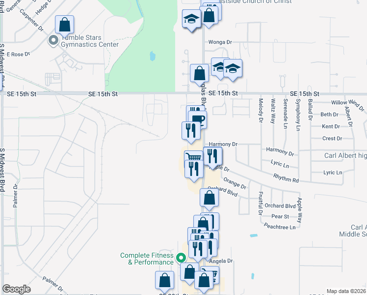 map of restaurants, bars, coffee shops, grocery stores, and more near 1909 South Douglas Boulevard in Midwest City
