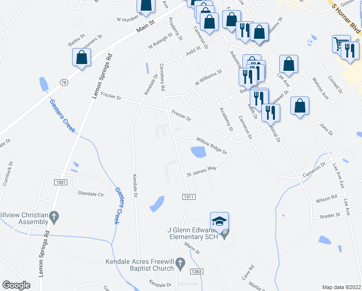 map of restaurants, bars, coffee shops, grocery stores, and more near 117 Willow Ridge Drive in Sanford