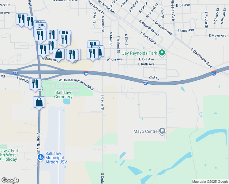 map of restaurants, bars, coffee shops, grocery stores, and more near 261-399 West Houser Avenue in Sallisaw