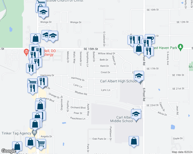 map of restaurants, bars, coffee shops, grocery stores, and more near 9605 Harmony Drive in Midwest City