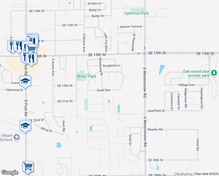 map of restaurants, bars, coffee shops, grocery stores, and more near 1906 Deerwood Trail in Midwest City