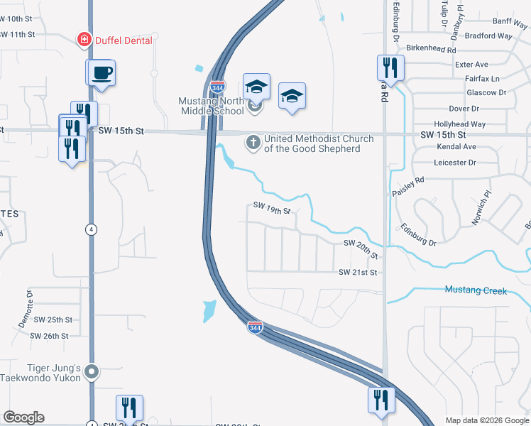 map of restaurants, bars, coffee shops, grocery stores, and more near 10925 Southwest 19th Street in Yukon