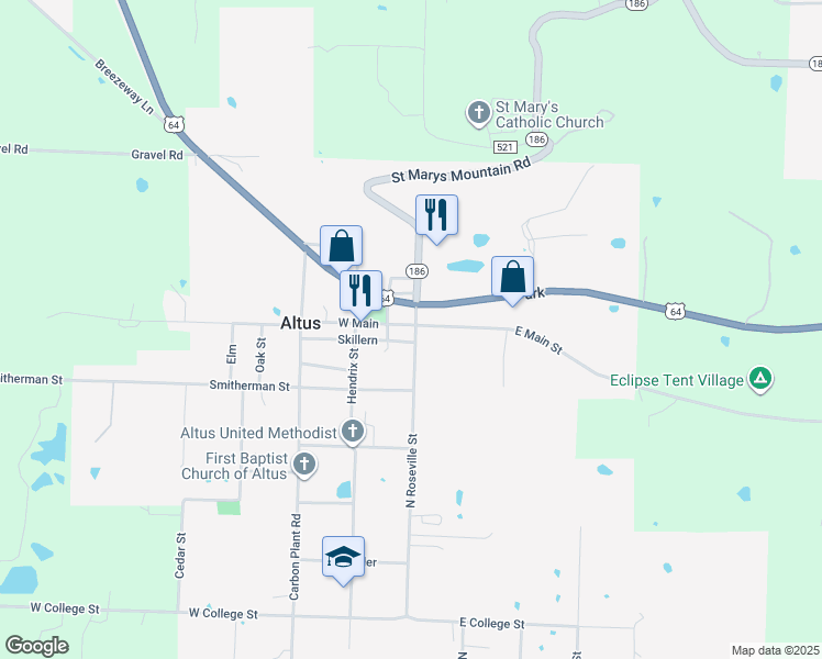 map of restaurants, bars, coffee shops, grocery stores, and more near 19 West Main Street in Altus
