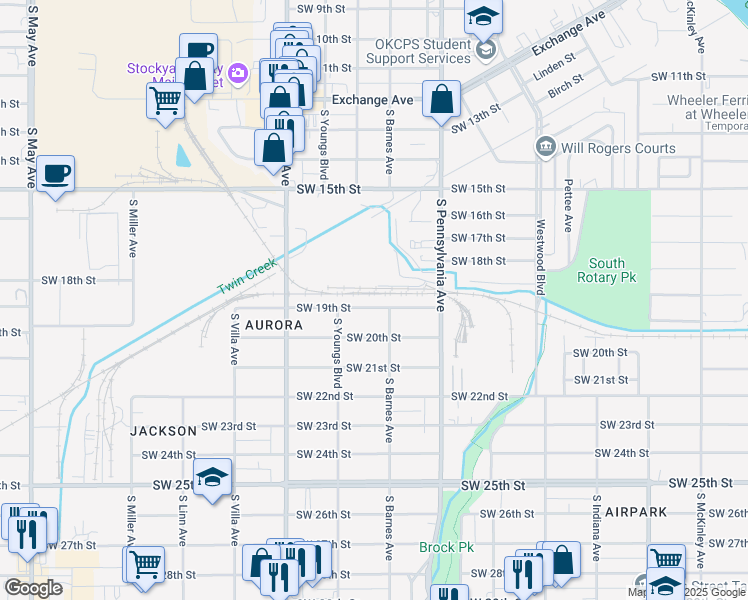 map of restaurants, bars, coffee shops, grocery stores, and more near 2213 Southwest 19th Street in Oklahoma City