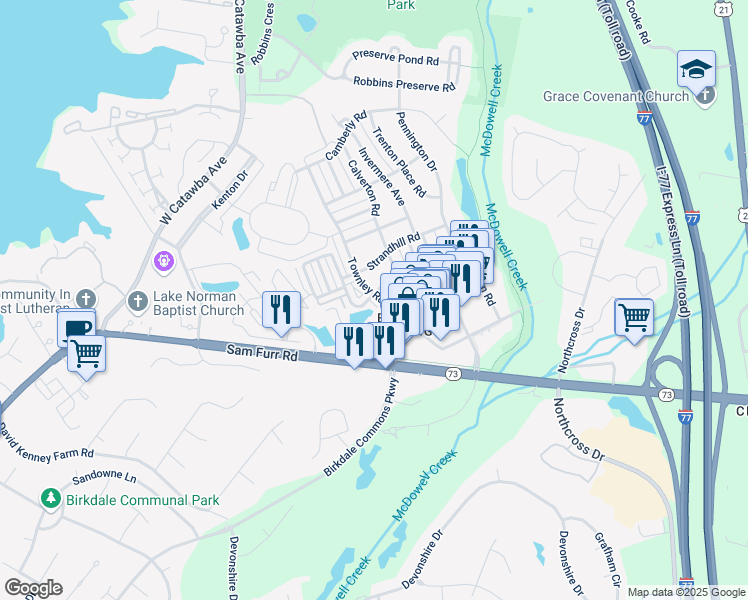 map of restaurants, bars, coffee shops, grocery stores, and more near 8500 Townley Road in Huntersville