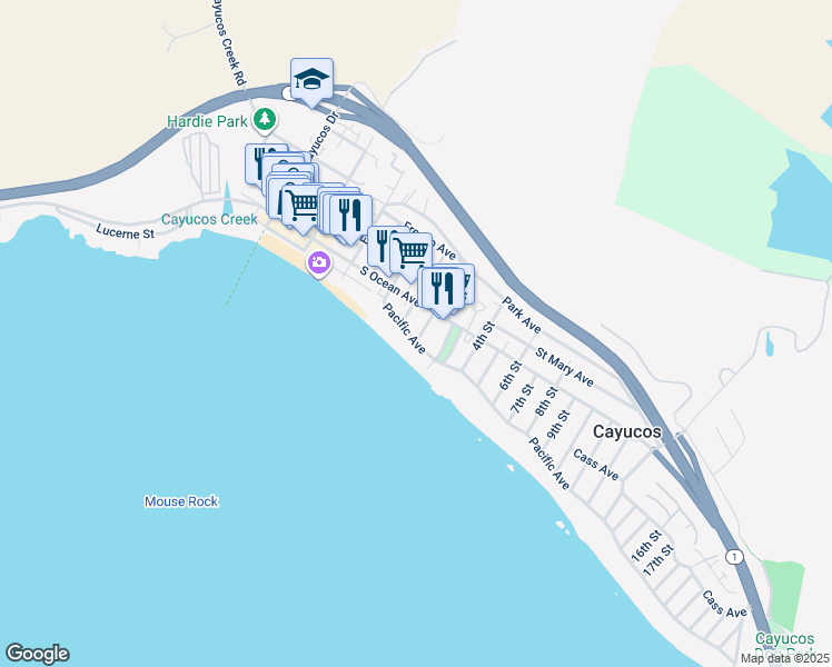 map of restaurants, bars, coffee shops, grocery stores, and more near 197 Pacific Avenue in Cayucos