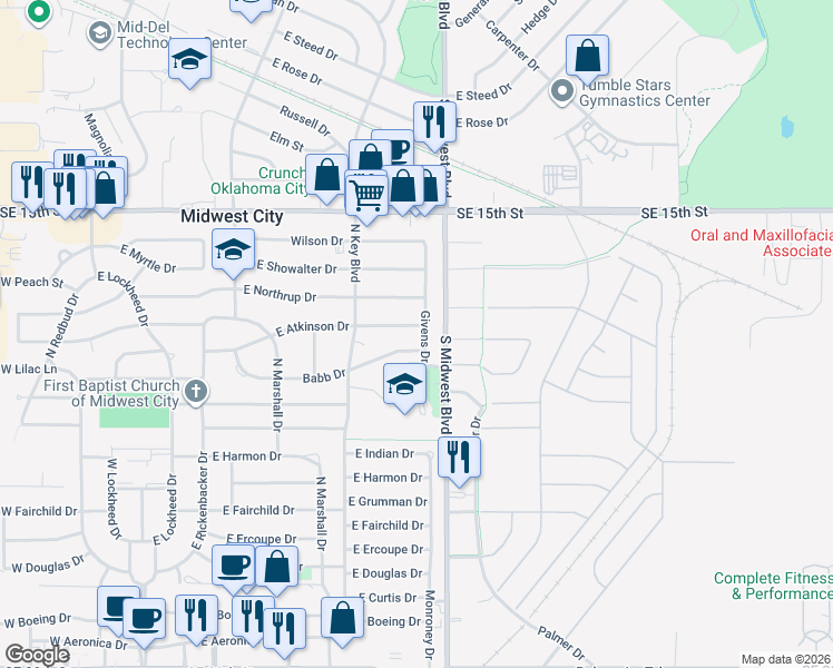 map of restaurants, bars, coffee shops, grocery stores, and more near 1238 Givens Drive in Midwest City