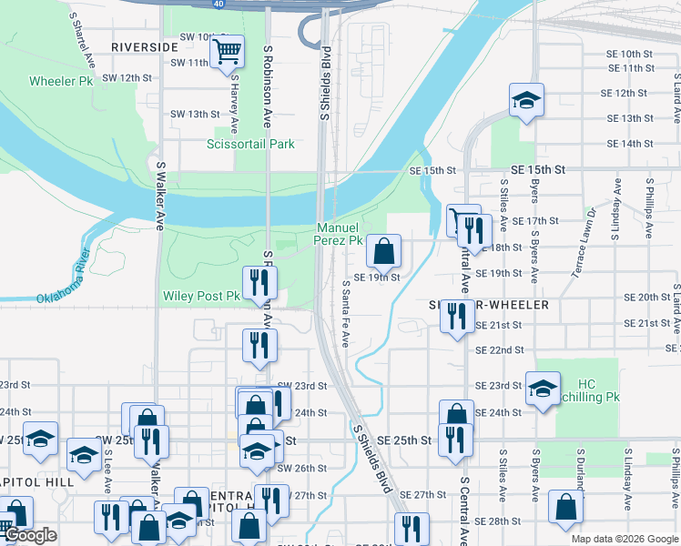 map of restaurants, bars, coffee shops, grocery stores, and more near 1915 South Santa Fe Avenue in Oklahoma City