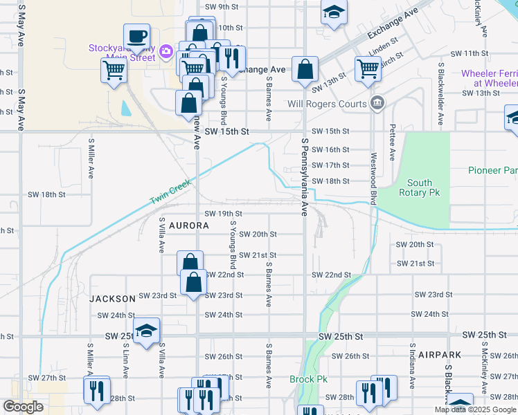 map of restaurants, bars, coffee shops, grocery stores, and more near 2213 Southwest 19th Street in Oklahoma City