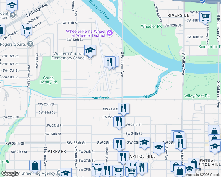 map of restaurants, bars, coffee shops, grocery stores, and more near 919 Pedalers Lane in Oklahoma City