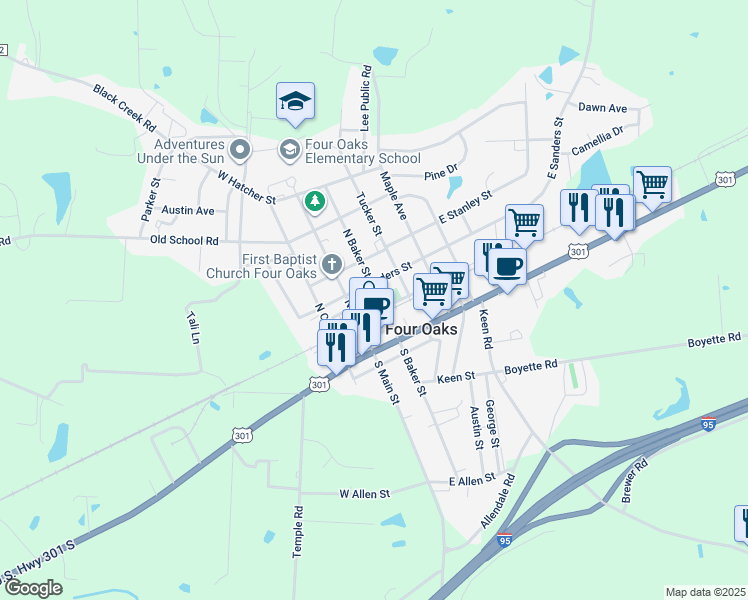 map of restaurants, bars, coffee shops, grocery stores, and more near North Baker Street in Four Oaks