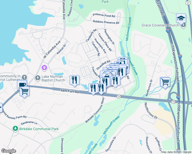 map of restaurants, bars, coffee shops, grocery stores, and more near 16961 Bridgeton Lane in Huntersville