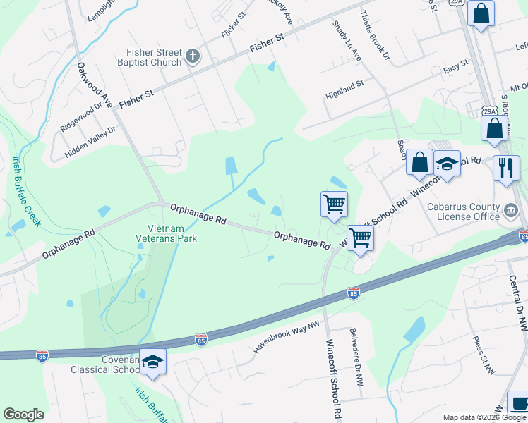 map of restaurants, bars, coffee shops, grocery stores, and more near 709 Orphanage Road in Concord