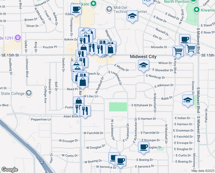 map of restaurants, bars, coffee shops, grocery stores, and more near 205 West Marshall Drive in Midwest City