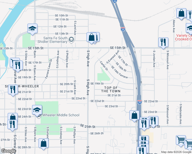 map of restaurants, bars, coffee shops, grocery stores, and more near 1833 South Stonewall Avenue in Oklahoma City