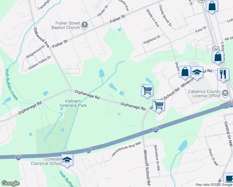 map of restaurants, bars, coffee shops, grocery stores, and more near 709 Orphanage Road in Concord