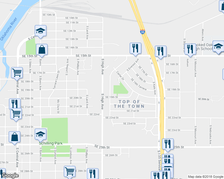 map of restaurants, bars, coffee shops, grocery stores, and more near 1833 South Stonewall Avenue in Oklahoma City