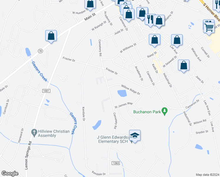 map of restaurants, bars, coffee shops, grocery stores, and more near 100 Willowridge Drive in Sanford