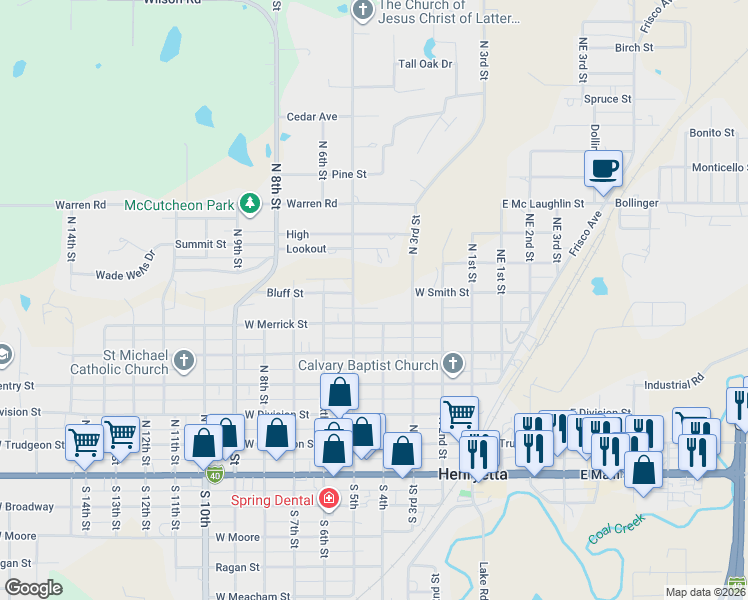 map of restaurants, bars, coffee shops, grocery stores, and more near 601 North 4th Street in Henryetta