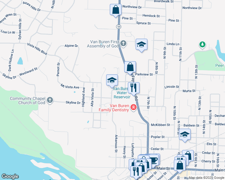 map of restaurants, bars, coffee shops, grocery stores, and more near 301 Mount Vista Avenue in Van Buren