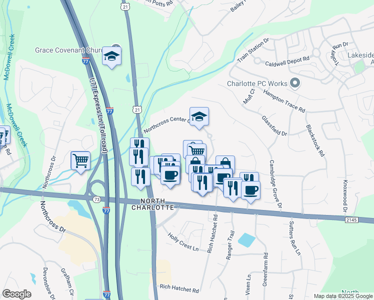 map of restaurants, bars, coffee shops, grocery stores, and more near 9743 Sam Furr Road in Huntersville