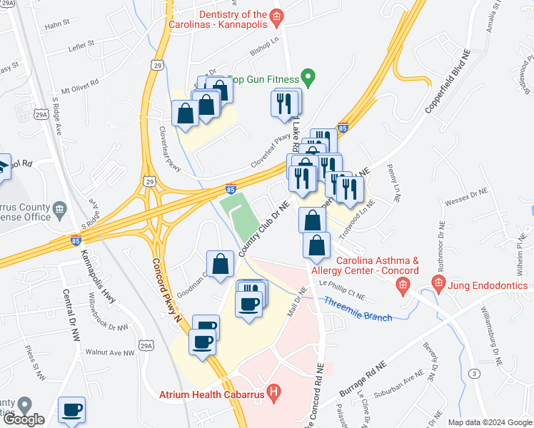 map of restaurants, bars, coffee shops, grocery stores, and more near 243 Country Club Drive Northeast in Concord