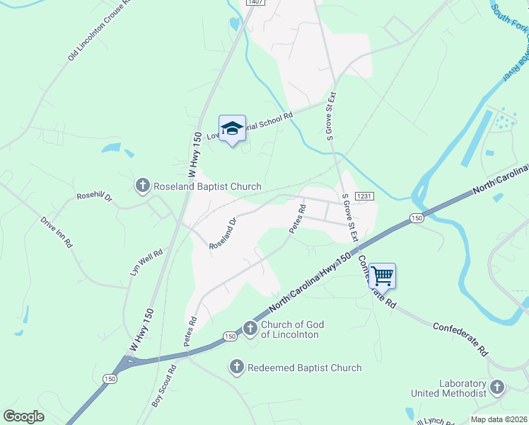 map of restaurants, bars, coffee shops, grocery stores, and more near 1547 Roseland Drive in Lincolnton