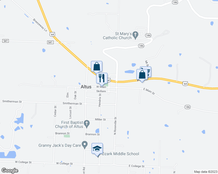 map of restaurants, bars, coffee shops, grocery stores, and more near West Main & Franklin in Altus