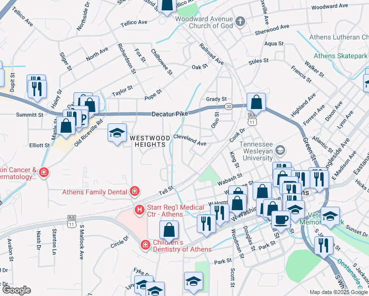 map of restaurants, bars, coffee shops, grocery stores, and more near 519 Cleveland Avenue in Athens