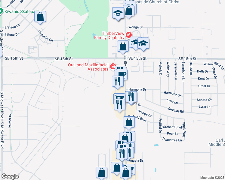 map of restaurants, bars, coffee shops, grocery stores, and more near 1909 South Douglas Boulevard in Midwest City