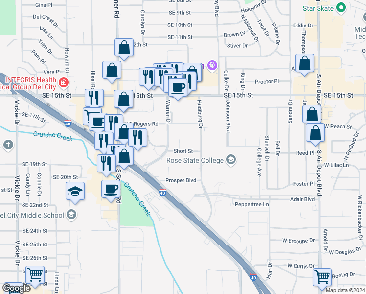 map of restaurants, bars, coffee shops, grocery stores, and more near 6000 Will Rogers Road in Midwest City
