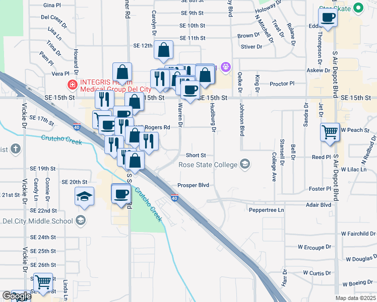 map of restaurants, bars, coffee shops, grocery stores, and more near 1720 Warren Drive in Midwest City