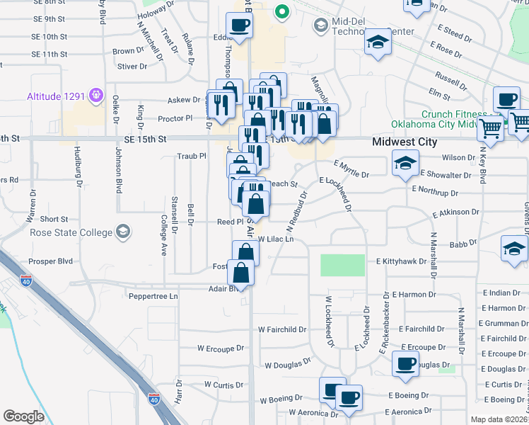 map of restaurants, bars, coffee shops, grocery stores, and more near 1904 South Air Depot Boulevard in Midwest City